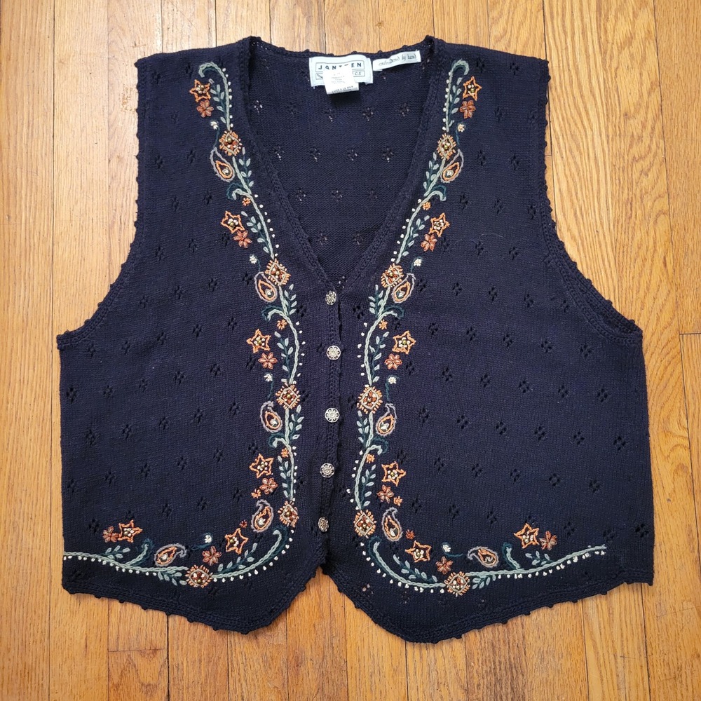 Jantzen Black Embroidered V Neck Sleeveless Button Vest XL Whimsy Cottage Granny